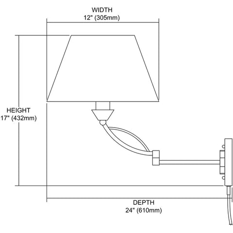 Diagram of Elysburg Dope 17 Inch High One Light Satin Nickel Wall Sconce With White Fabric Shade, showing dimensions.