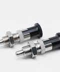 Heavy Duty Stainless Steel Push Fit Ball Nose Spring Plunger 2 Pack M16x1.5 retractable indexing pins with black knobs.