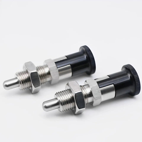 Heavy Duty Stainless Steel Push Fit Ball Nose Spring Plunger 2 Pack M16x1.5 retractable indexing pins with black knobs.