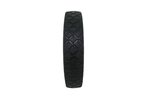 Front view of 7 Inch Semi Pneumatic Rubber Tire With Diamond Tread And Steel Hub Featuring Grafoil Bearings Workhorse Half Inch Bore Offset Axle