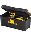 Open Essential 16 Inch Toolbox in Black and Yellow with Top Organizers, Handy Tool Tray, Side Access, Geometric Lock Latch, for DIY Projects