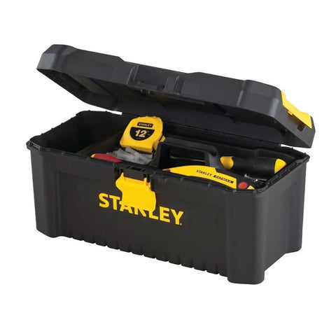 Open Essential 16 Inch Toolbox in Black and Yellow with Top Organizers, Handy Tool Tray, Side Access, Geometric Lock Latch, for DIY Projects