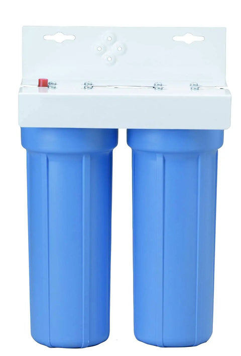 Slim Line Dual Water Filtration System With Preassembled Mounting Bracket Low Profile Two Housing Setup Three Eighths Inch NPT Fits Ten Inch By Two And One Half Inch Filter Cartridges Blue with blue dual housing