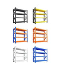 Real Deal Heavy Duty Adjustable Storage Shelves Metal Standing Rack For Garage Pantry And Warehouse Organization No Sweat Thick Panel Heavy Lifting Support Unit in various colors including black, yellow, orange, blue, and white.