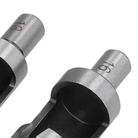Close-up of Top Shelf Eight Piece Cork Drill Bit Set High Carbon Steel Wood Plug Cutters showing precision sizes 16mm and 18mm.