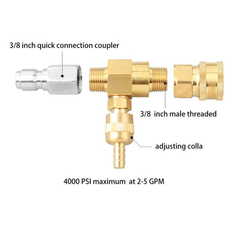 Chemical Injector Kit For Pressure Washer With 4000 PSI, brass and stainless steel components with 3/8 inch connections.