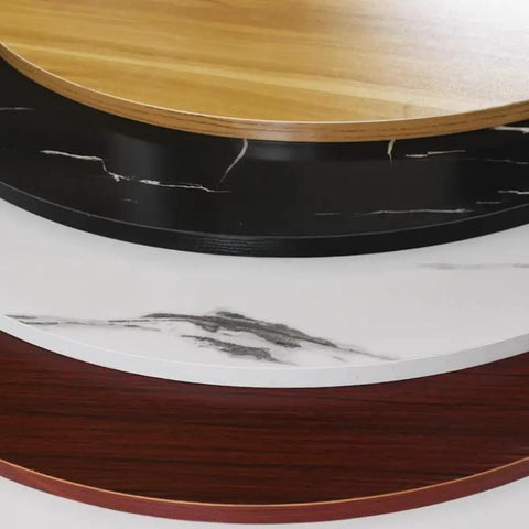 Top Tier Hardwood Lazy Susan Turntable Forty Five Inch Round Rotating Serving Tray For Kitchen And Dining showing wood and marble finishes.