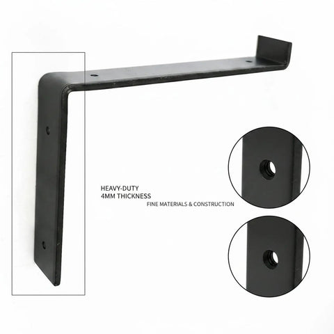 Z Shaped Carbon Steel Wall Bracket For Floating Shelves, 4mm thick, black, showing side and mounting hole detail view.
