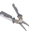 8 In 1 Heavy Duty Wire Stripper Pliers With Integrated Voltage Tester For Electricians Crimping Cutting Twisting And Short Circuit Testing, grey pliers with grip handles.