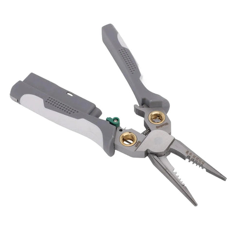 8 In 1 Heavy Duty Wire Stripper Pliers With Integrated Voltage Tester For Electricians Crimping Cutting Twisting And Short Circuit Testing, grey pliers with grip handles.