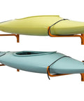 Heavy Duty Wall Mount Kayak Rack With 110lb Capacity And Secure Lashing Straps holding two kayaks on orange metal hooks