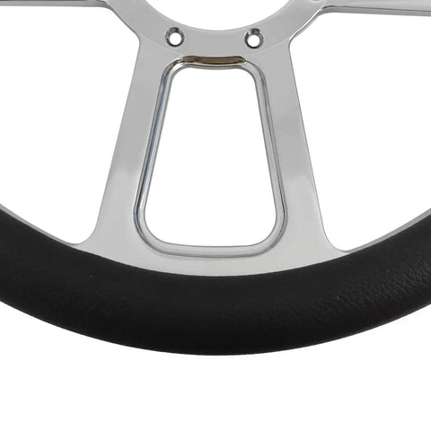Close-up of 13.8 Inch Racing Steering Wheel With 6 Bolt Mount JDM Style Red Grooved Spokes And Horn Button Durable PU Grip