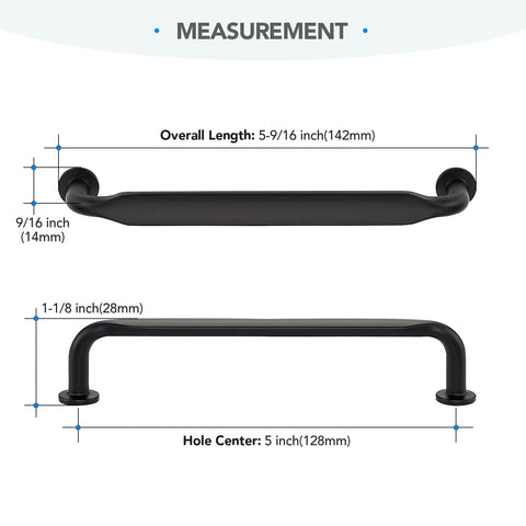 Measurement details of Premium Matte Black Cabinet Handles And Drawer Pulls 5 Inch 10 Pack Heavy Duty Zinc Alloy Kitchen Hardware.