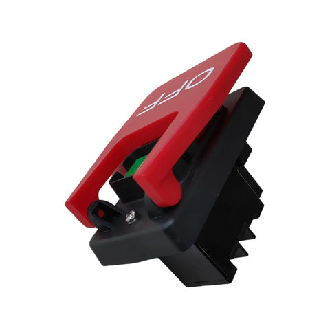 220V 20A Industrial On Off Push Button Switch For Table Saw And Woodworking Machines, Heavy Duty Power Switch With Easy Plug And Play Install, High Precision Mechanism For Reliable Operation And Long Lifespan. Red and black industrial push button switch, angled front view