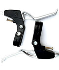 Hardcore Mountain Mechanical Disc Brake Kit With Front And Rear Calipers And Pro Levers Features Rapid Mount Setup And Tight Cable Routing For Sure Fire Stops And Crazy Control. Black and silver brake levers close-up.