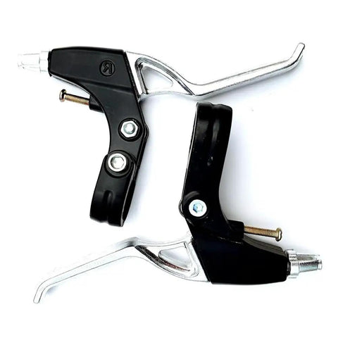 Hardcore Mountain Mechanical Disc Brake Kit With Front And Rear Calipers And Pro Levers Features Rapid Mount Setup And Tight Cable Routing For Sure Fire Stops And Crazy Control. Black and silver brake levers close-up.