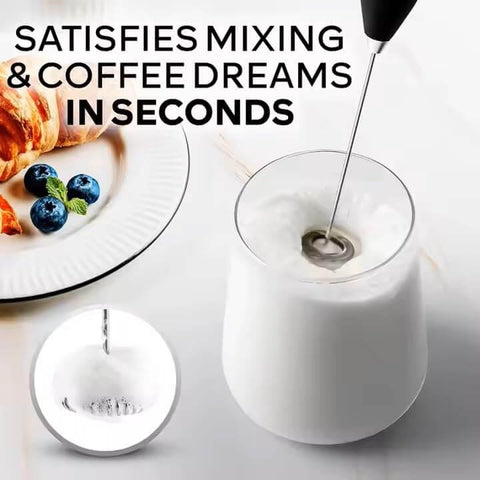 Automatic Milk Frother Wand For Lattes And Cappuccinos, Battery Operated Handheld Foam Maker, Easy To Use Drink Mixer For Frothy Milk, On The Go Ready Kitchen Essential For Matcha, Keto Coffee And More, creating foam in a glass of milk.