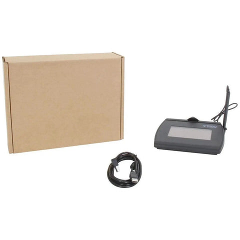 Top Shelf Renewed 4X3 LCD Signature Capture Pad with backlit screen, USB cable, and brown packaging box.