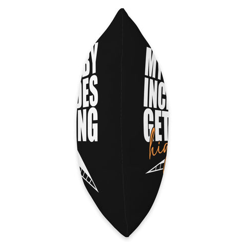 Side view of Funny Hang Glider Throw Pillow showing 'My Hobby Includes Getting High' text, double-sided print