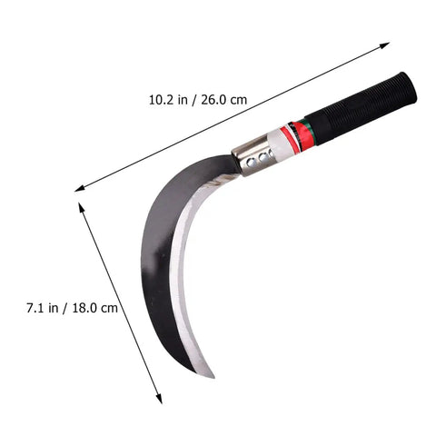 Two Pack Manganese Steel Weeding Sickle Set For Easy Yard Work, Weed Cutting And Harvesting, showing single sickle with dimensions