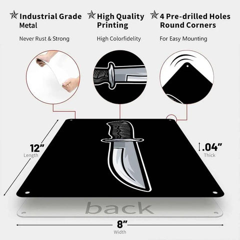 Heavy Duty Aluminum Fixed Blade Knife With Non Slip Ergonomic Handle For Outdoor Camping And Hunting Beast Built To Last Rust resistant sharp edge knife on metal wall sign diagram, 12x8 inches, with pre-drilled mounting holes.