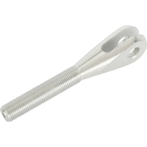 Rock Solid Zinc Plated Steel Clevis With 1/2-20 Right Hand Threads Drop In Linkage Fitting showing 5/16 inch slot and 3/8 inch pin bore.