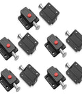 10 Pack Hella Sturdy Automatic Spring Latch Bolt For Cabinets Drawers And Doors Black with red button and iron pin.