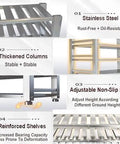 Heavy Duty Stainless Steel Four Tier Storage Shelves With Brushed Commercial Grade Finish Built Like A Tank For Kitchen Pantries Garages And Warehouses Top Shelf Workspace Organizer Rack showing stainless steel construction features.