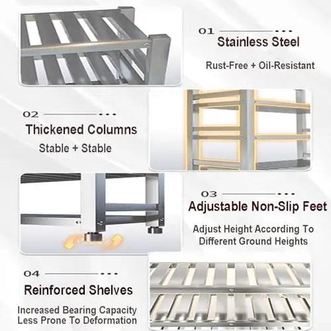 Heavy Duty Stainless Steel Four Tier Storage Shelves With Brushed Commercial Grade Finish Built Like A Tank For Kitchen Pantries Garages And Warehouses Top Shelf Workspace Organizer Rack showing stainless steel construction features.