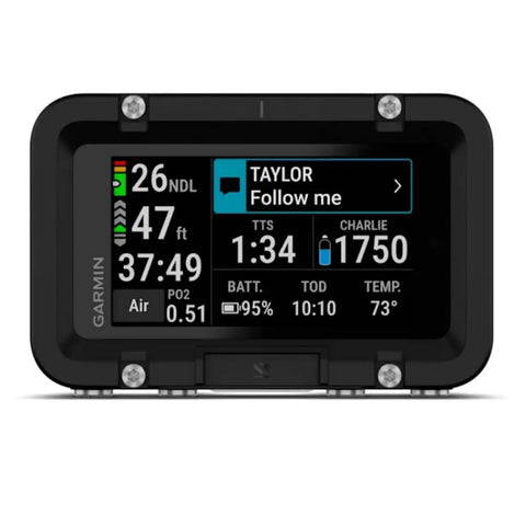 Front view of Descent X50i Dive Computer with 3-inch color touchscreen displaying dive data and messaging features.