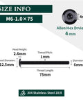 10 Sets Top Shelf M6 75mm Black Coated Flat Head Socket Cap Screws With Binding Nuts And 4mm Hex Wrench displaying size info and dimensions.