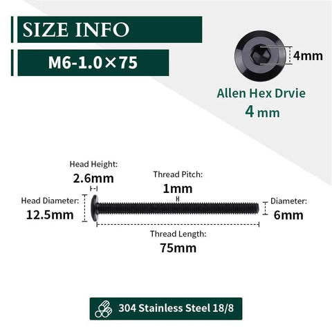 10 Sets Top Shelf M6 75mm Black Coated Flat Head Socket Cap Screws With Binding Nuts And 4mm Hex Wrench displaying size info and dimensions.