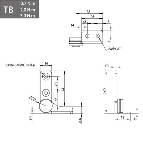Front and side views of a 304 stainless steel damping hinge TB-Left with 0.7 N·m torque for cabinets