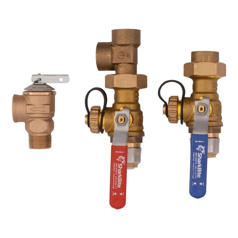 Three Quarter Inch Push To Connect Tankless Water Heater Valves Installation Kit with brass color-coded hot and cold valves