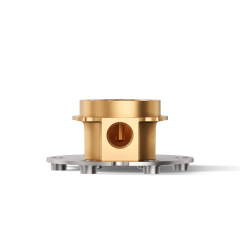 Chrome mounting block for Kohler freestanding bath fillers, brass construction, must have mounting block for freestanding bath fillers compatible with Artifacts Purist Stillness Margaux Kelston and Composed brass construction one half inch connections with test cap and mud guard.