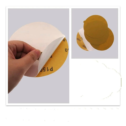 Heavy Duty Six Inch 150mm Sanding Discs With Sticky Back For Auto And Woodworking Projects showing self-adhesive backing detail.
