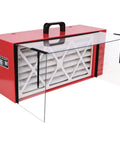 Greron Benchtop Dust Collector With 725 Cfm Powerful Air Filtration System features a red design and HEPA filter for efficient dust removal.