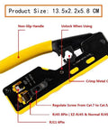 All In One RJ45 Pass Through Crimp Tool For Cat5e Cat6 Cat6a Data Cables Built In Wire Stripper And Cutter Yellow with labels