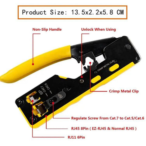 All In One RJ45 Pass Through Crimp Tool For Cat5e Cat6 Cat6a Data Cables Built In Wire Stripper And Cutter Yellow with labels