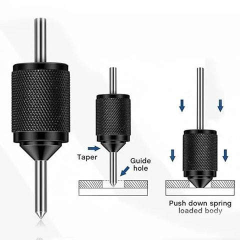 Center Aligner Punch Set With Hardened Steel Punches, 3 16th Inch Diameter, diagram showing punch alignment and guide hole