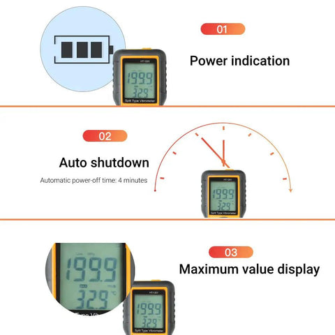 Split Type Digital Vibration Meter With LCD Display, Vibrometer And Vibration Analyzer For Measuring Vibration Speed, Acceleration And Displacement, Pro Grade Portable Vibration Tester For Mechanical, Electrical, Aerospace And Industrial Applications, LCD screen showing power, auto shutdown and max value