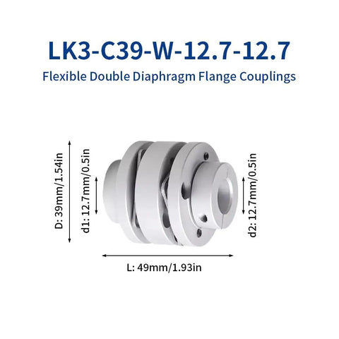 12.7mm To 12.7mm Flexible Flange Diaphragm Coupling For 3D Printers And CNC Machines, 39mm Diameter By 49mm Length, Aluminum Shaft Coupler With Dual Diaphragms For Servo And Stepped Motors, Pro Grade And Built Tough