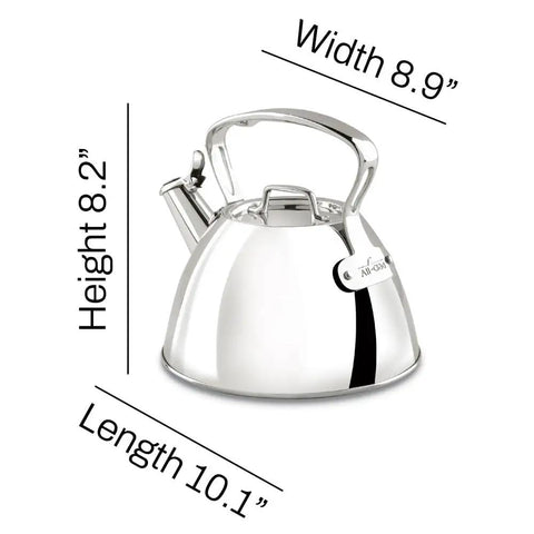 Specialty Stainless Steel Tea Kettle, 2 Quart, Induction Ready Pot with Visible Fill Line and Whistle, Durable One Piece Construction.