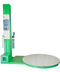 Heavy Duty Turntable Pallet Stretch Wrapper Equipped With Powered Pre Stretch Motor And Dual Spiral Wrapping Modes side view with control panel.