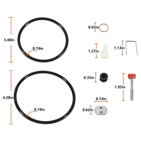 Components of Air Motor Repair And Rebuild Kit 206728 with O-rings, seals, and valve parts for Fireball and Monark pumps.