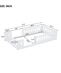 Dimensions of the Twin Size Montessori Floor Bed With Safe Guardrails For Toddlers, White Wood Frame, Low To The Ground Design