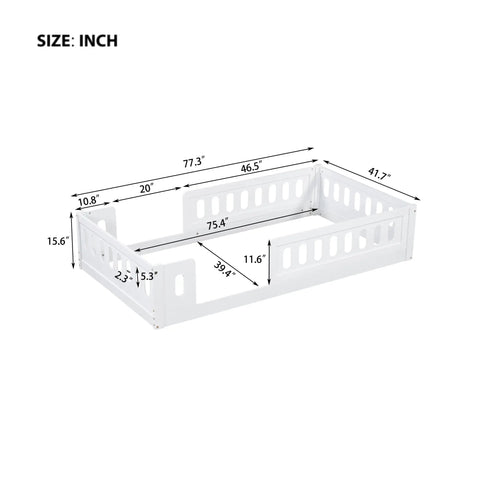 Dimensions of the Twin Size Montessori Floor Bed With Safe Guardrails For Toddlers, White Wood Frame, Low To The Ground Design