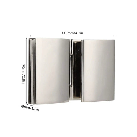 Heavy Duty Stainless Steel Glass Door Hinges With Slick Polished Finish, 110mm x 70mm x 30mm, perfect for toughened glass furniture.