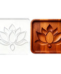 Lotus Flower Acrylic Router Template Seven Nine Inch Square Dead On Clear Floral Inlay Guide with carved wooden tray design.