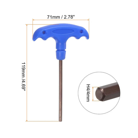 T Handle Hex Key Wrench H4 4mm S2 Steel T Shape Inner Hex Spanner, 119mm Length, Red Coated, measurement details visible